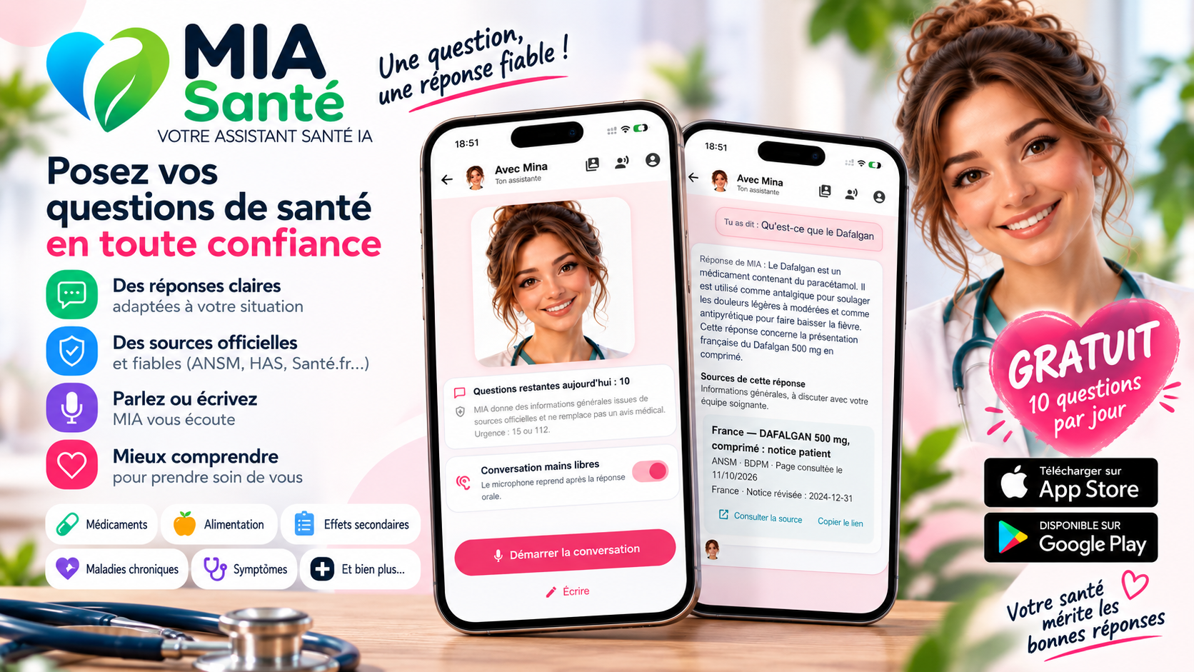 MIA Santé, votre assistant santé IA : questions à l'écrit ou à la voix, sources officielles et 10 questions gratuites par jour