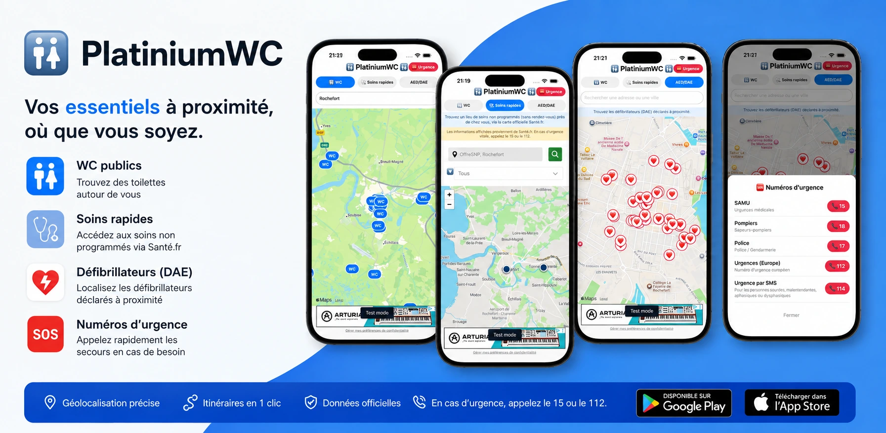 PlatiniumWC — WC publics, soins non programmés, défibrillateurs et numéros d'urgence à proximité